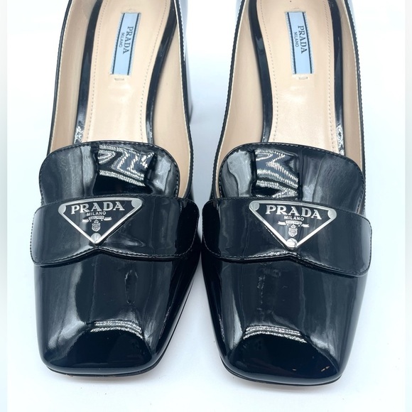Prada Black Patent Leather Logo Plaque Block Heel Square Toe Loafer EU 39 US 9 - Picture 4 of 16